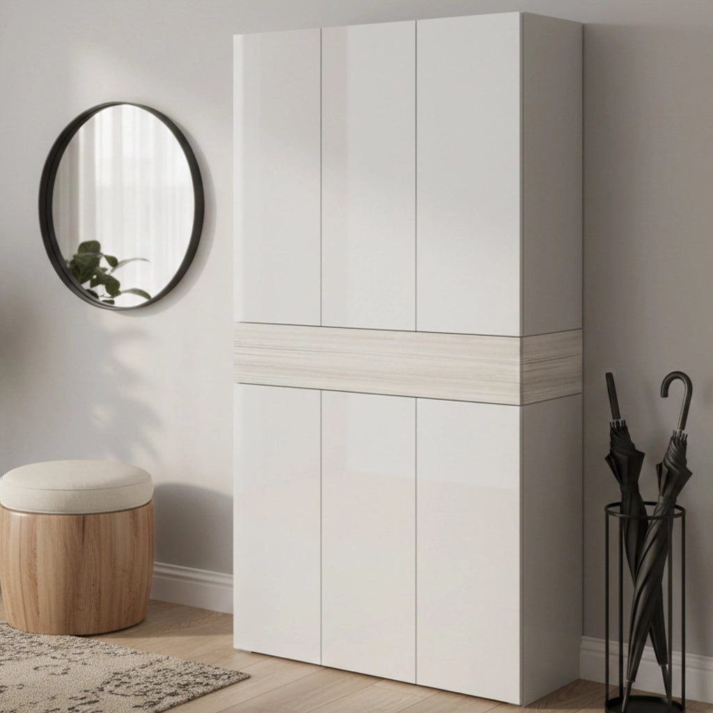 Scarpiera Charoite, Porta scarpe salvaspazio a 7 ante, Armadio multifunzione da ingresso, 114x38h200 cm, Bianco effetto larice