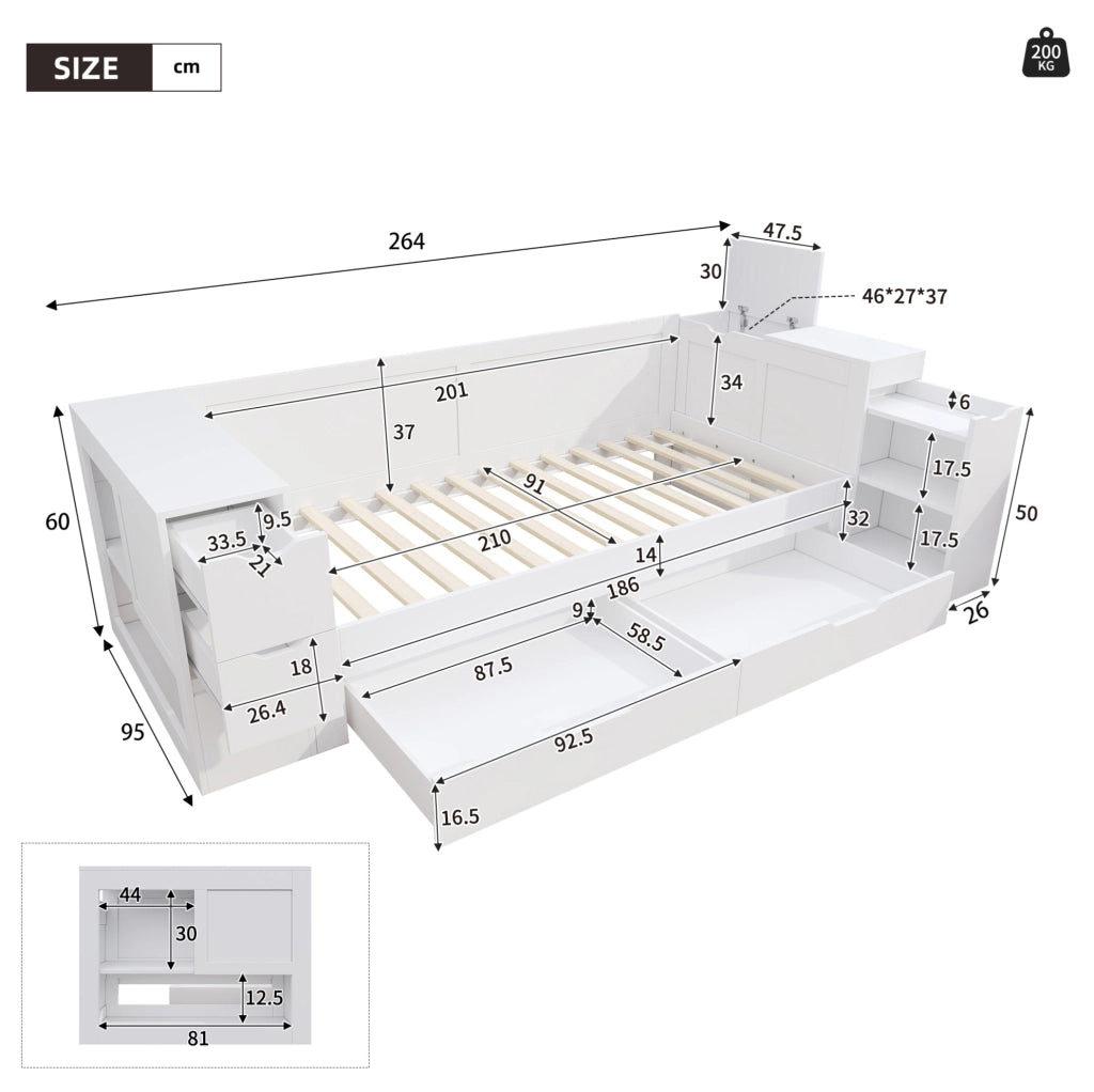 Letto singolo per bambini 90x200 cm con cassetto e comodino