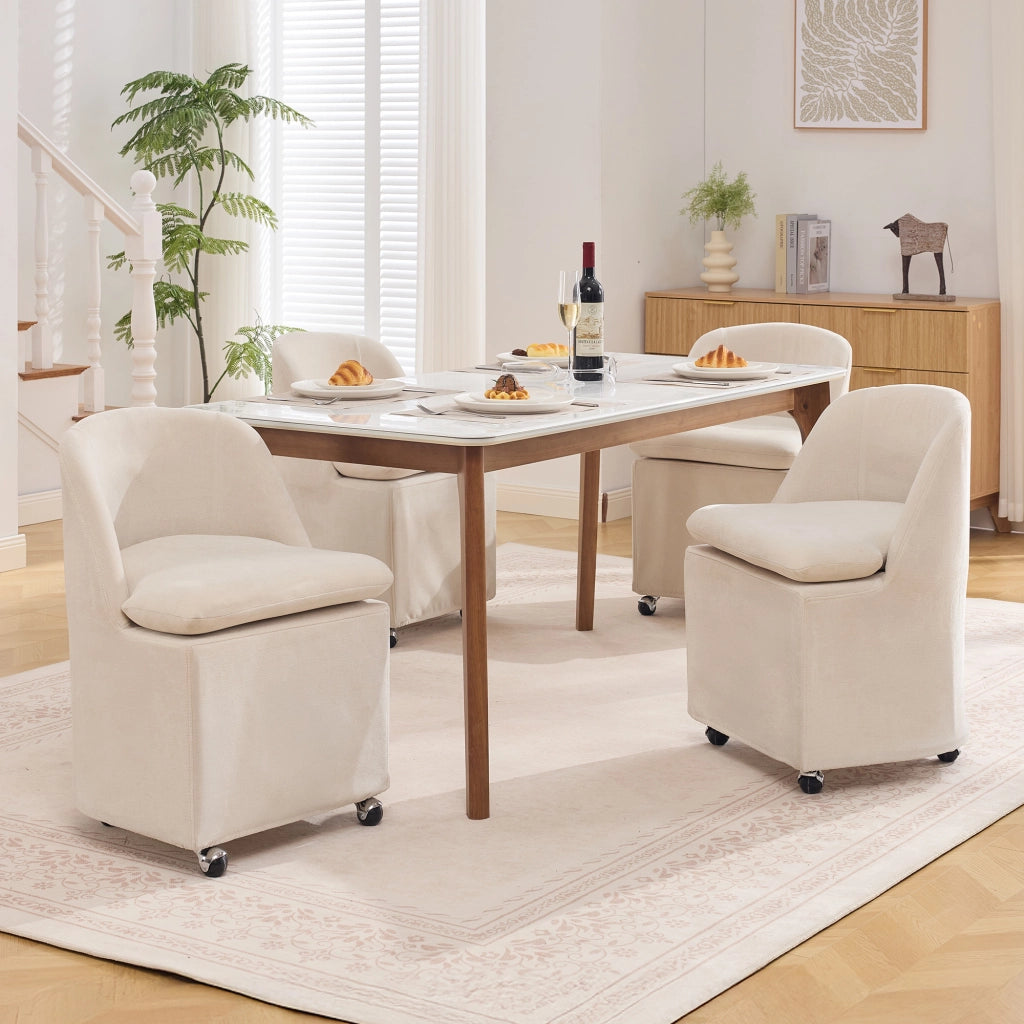 Set 2 sedie da pranzo in chenille beige con ruote girevoli 360°, senza braccioli, rivestimento sfoderabile