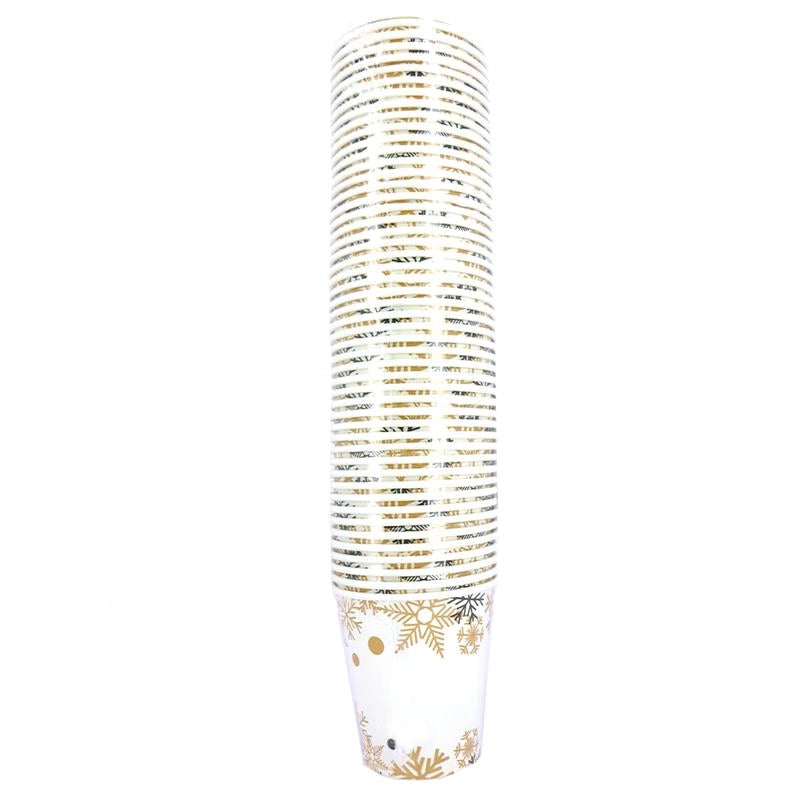 BICCHIERI DI CARTA DI NATALE COLORE BIANCO/DORATO FIOCCHI DI NEVE 50PZ 200CC