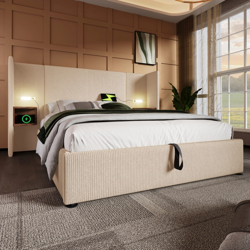 Letto matrimoniale 160x200 beige con contenitore, luce e ricarica USB