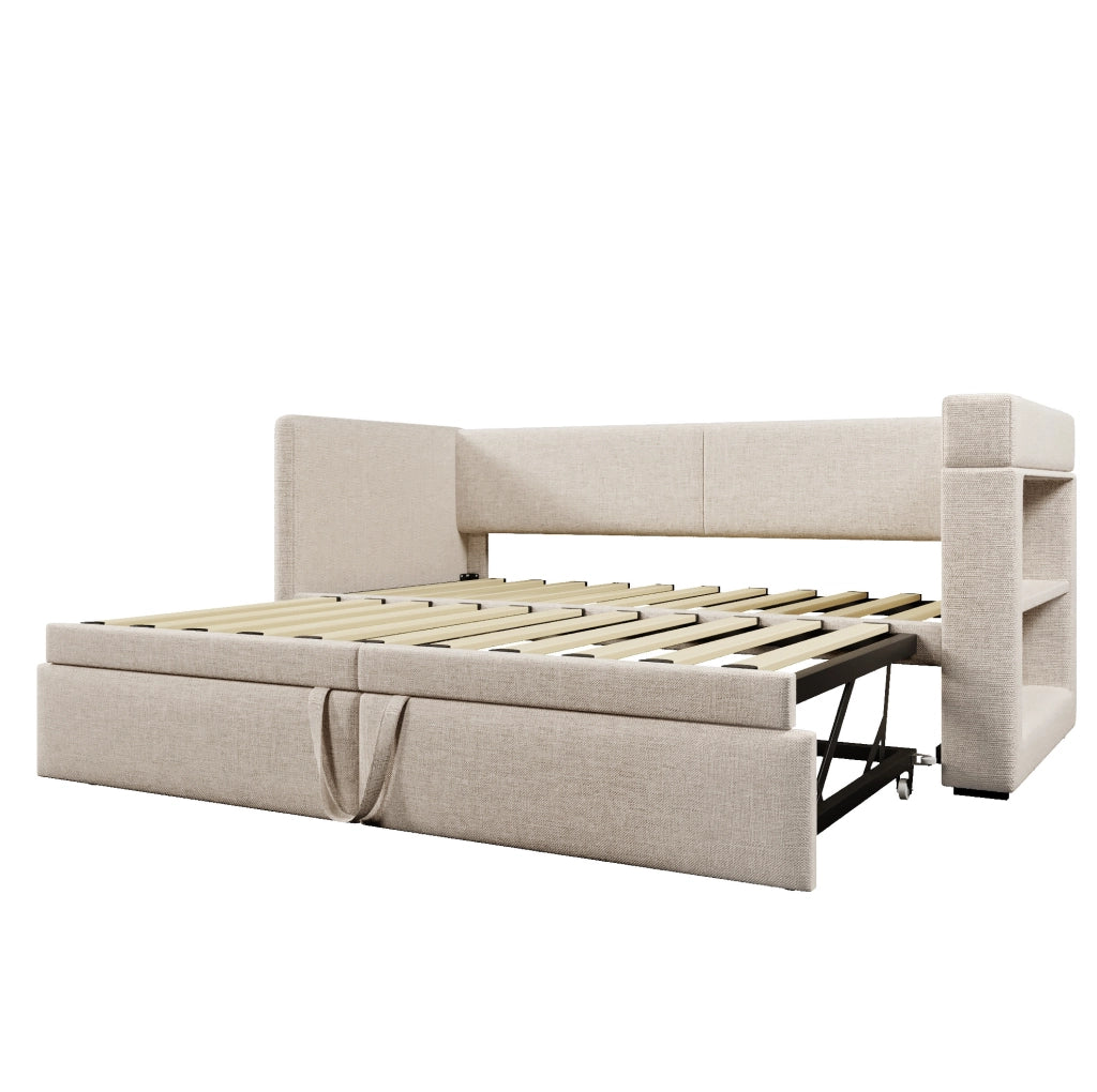Divano letto 90x200 cm con letto estraibile e braccioli in cotone e lino beige