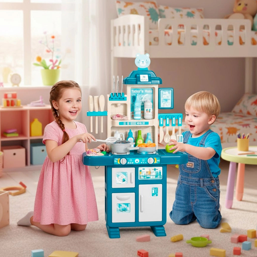 Cucina Per Bambini Giocattolo Con Luci E Suoni Realistici 69 Accessori Fornelli E Rubinetto Con Sistema Di Riciclo Dell'Acqua Per Bambini Dai 3-5 Anni Blu E Bianco