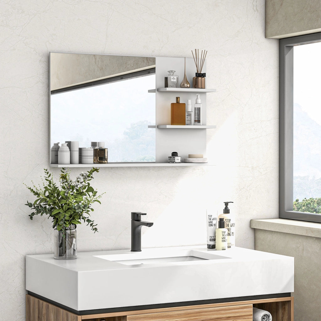 Specchio da Bagno a Parete con 2 Ripiani Laterali e Ripiano Inferiore, in MDF e Vetro, 75x10x48 cm, Bianco