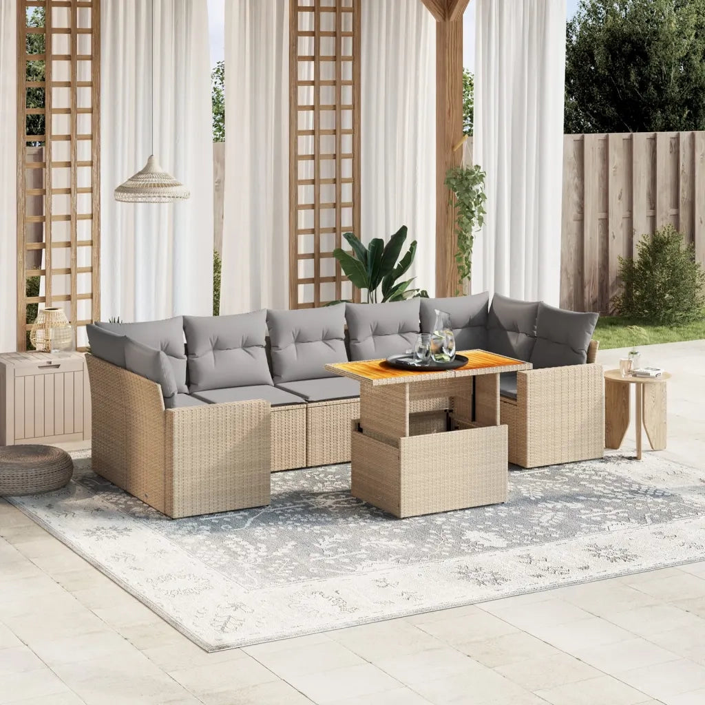 Set Divano da Giardino 8 pz con Cuscini Beige in Polyrattan