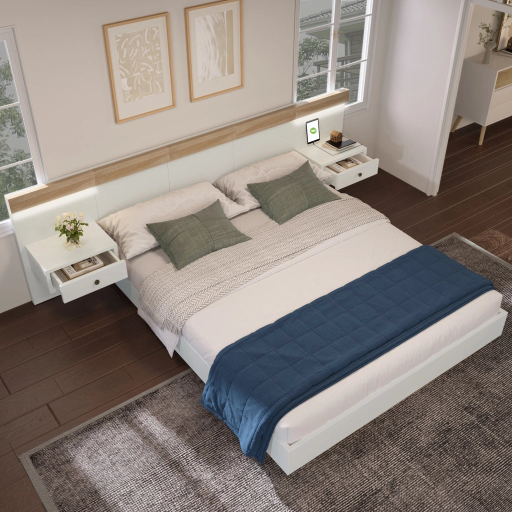 Letto Matrimoniale 180x200 cm; USB; Tipo-C e 2 Comodini LED - in Legno - Bianco Rovere