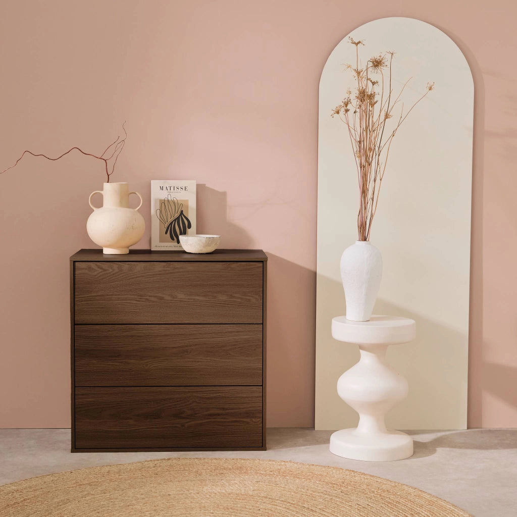 Modulo di stoccaggio decorativo in legno 3 cassetti, noce