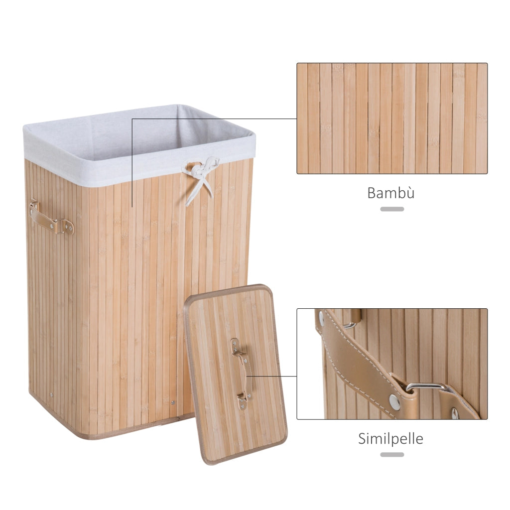 EasyComfort Cesto Portabiancheria in Bambù con Coperchio, Cestino per Biancheria con Sacco in Tessuto Rimovibile, 40x30x60cm, Naturale
