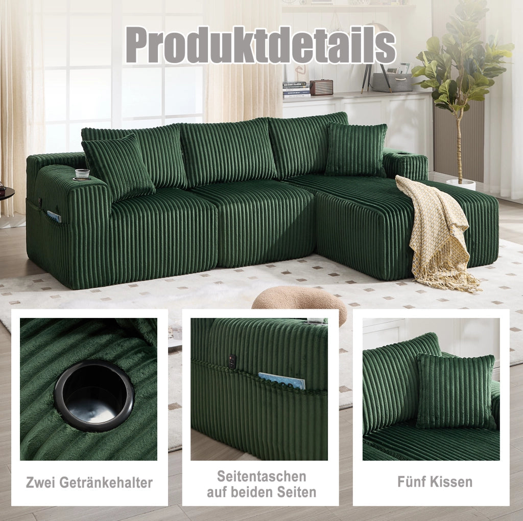 Divano modulare in velluto a coste verde smeraldo con chaise longue