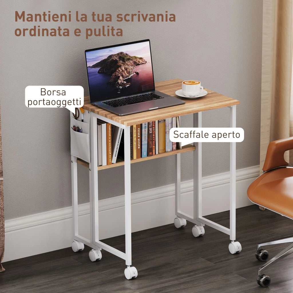 Scrivania Pieghevole a Ribalta con Scaffale e Ruote ¨C Zephmum ¨C Legno Naturale