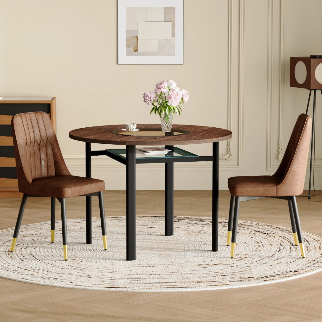 Tavolo da pranzo rotondo per 2-4 persone con ripiano in vetro e 2 sedie imbottite in tessuto marrone nero 100 cm