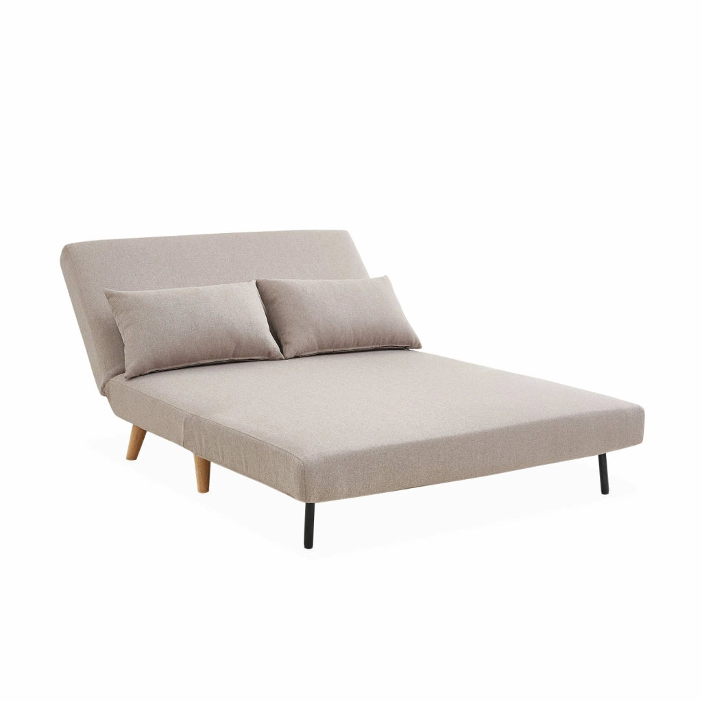 Divano letto in tessuto con gambe in legno, 2 posti, beige