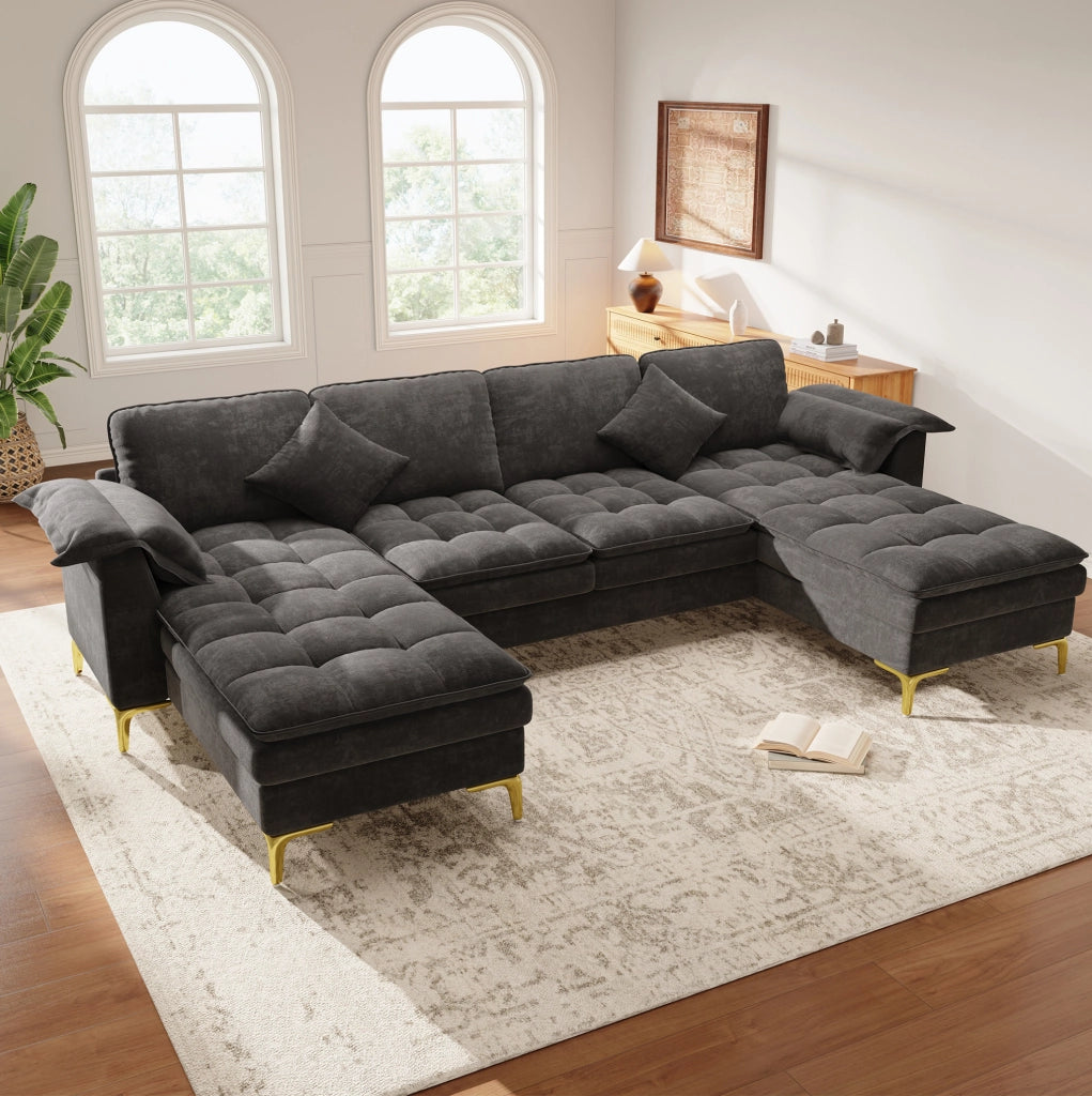 Divano angolare a U modulare 4-5 posti con 2 chaise longue; chenille grigio