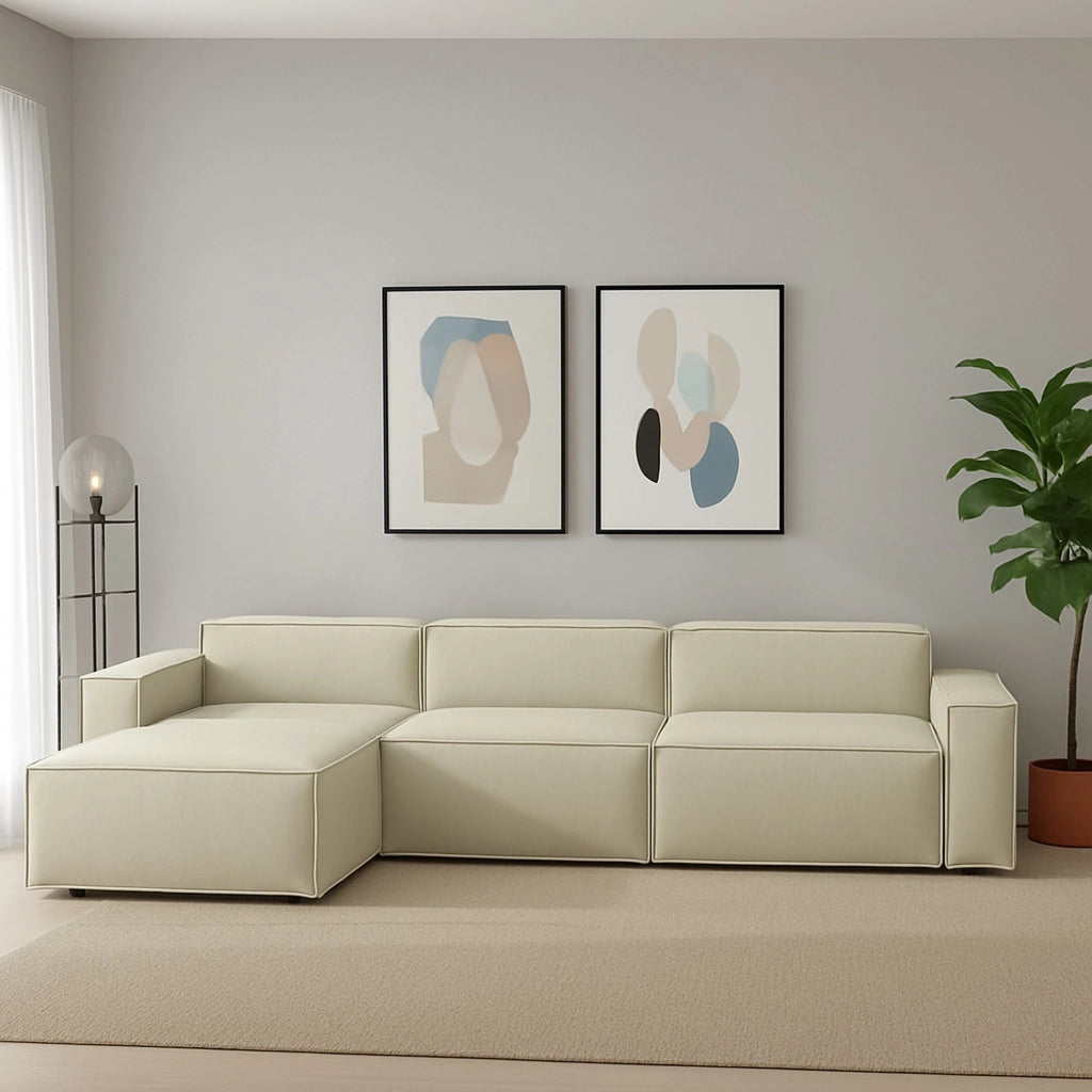 Divano fisso Atrillo, Divano componibile a 4 posti con penisola sinistra, Made in Italy, SofÒ  moderno in tessuto, Cm 340x170h70, Beige
