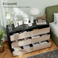 Cassettiera 6 Cassetti per Camera da Letto in Legno con Guide in Metallo, 120x39x75 cm, Nera e color Legno