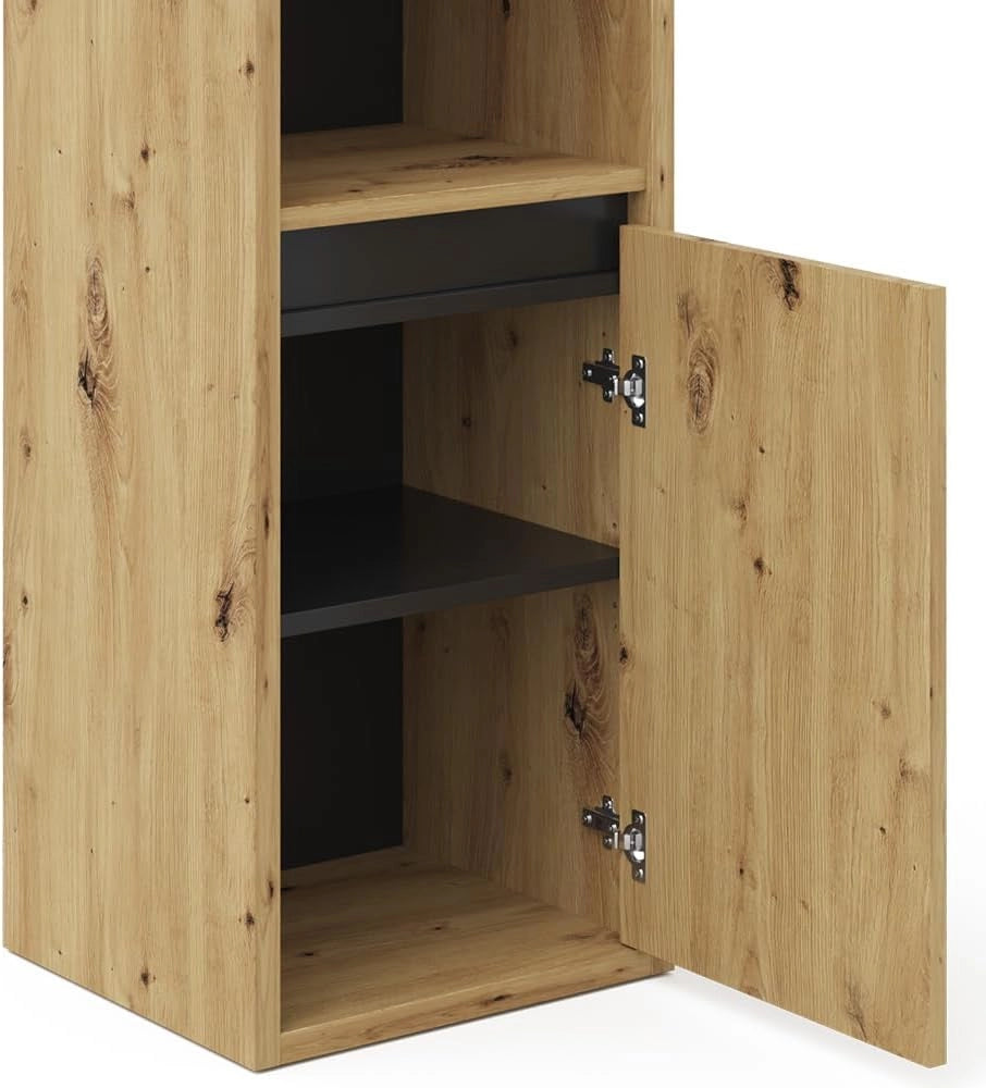 Mobiletto bagno Viola, Rovere artigianale, 38 x 80 cm, per montaggio a parete con vani a giorno e vani chiusi