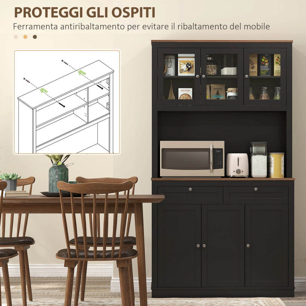 Credenza Cucina Alta con 4 Armadietti, 2 Cassetti e Piano Centrale, 100x40x180 cm, Nero