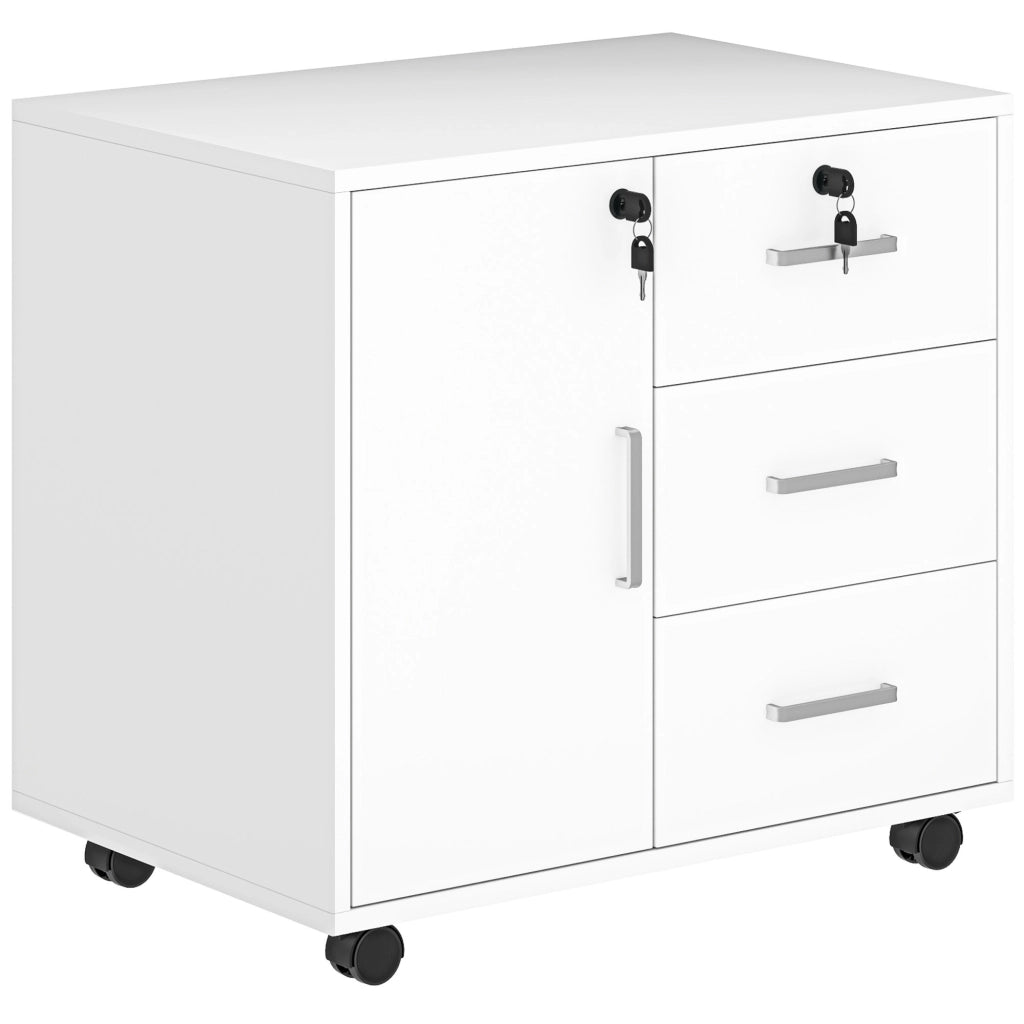 Schedario per Ufficio con 3 Cassetti e Armadietto con 3 Ripiani Regolabili, in Legno, 60x40x56 cm, Bianco