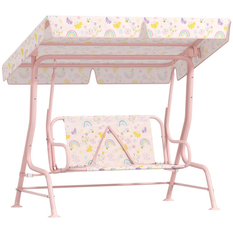 DONDOLO PER BAMBINI DA ESTERNO A 2 POSTI CON TETTUCCIO REGOLABILE E CINTURE DI SICUREZZA 112X75X120 CM ROSA