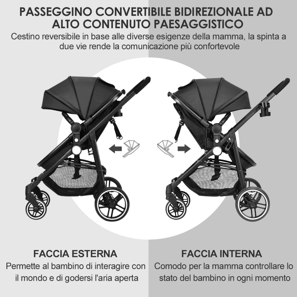 2 in 1 Passeggino per Bambini, Passeggino Pieghevole con Sedile Reversibile, Schienale Regolabile, Passeggino Leggero con Cintura di Sicurezza, Copertura, per Bambini 0-3 Anni (Nero)