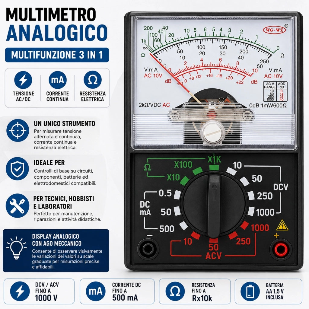 Multimetro Analogico AC/DC 1000 V con Puntali e Batteria VHT02260