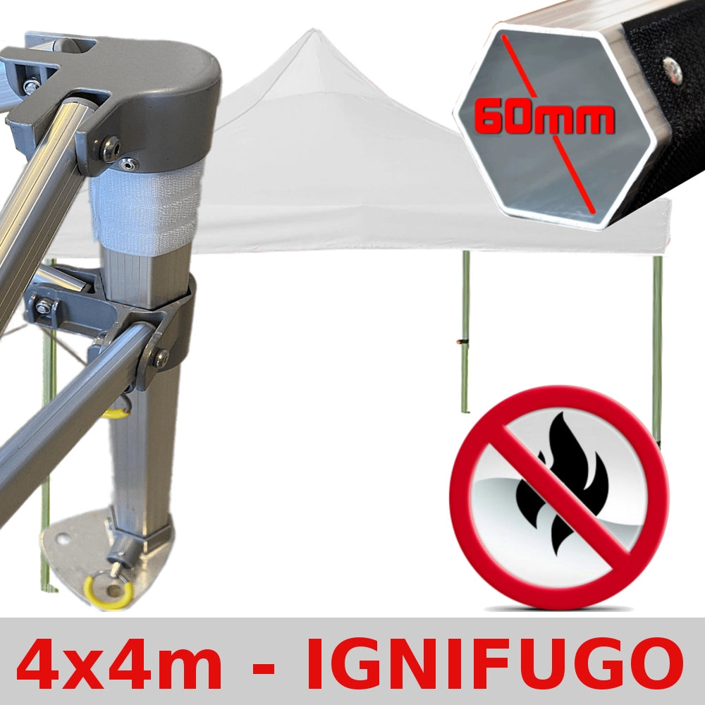 Gazebo 4x4 m bianco certificato IGNIFUGO SENZA laterali pieghevole alluminio piantone esagonale 60mm portatile estendibile richiudibile estensibile acciaio per fiere eventi stand chiosco tenda tendone mercato mercatino