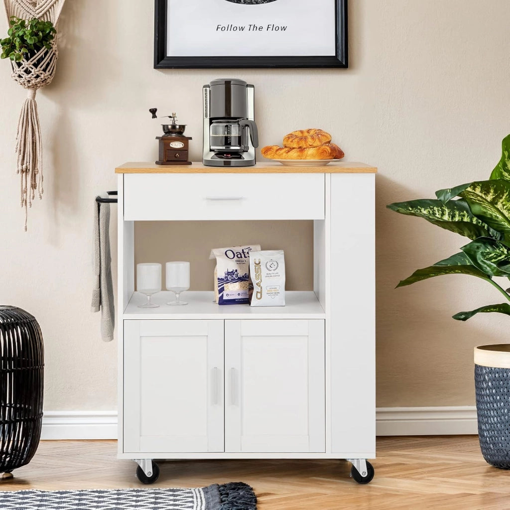Carrello da Cucina con Ruote, Isola da Cucina con 3 Portaspezie 1 Cassetto Armadietto a 2 Porte, Carrello Portaoggetti con Portasciugamani, 82x46x92 cm (Bianco)
