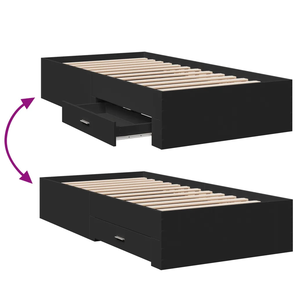 Letto singolo | Letto per adulti | Giroletto con Cassetti Nero 75x190 cm in Legno Multistrato