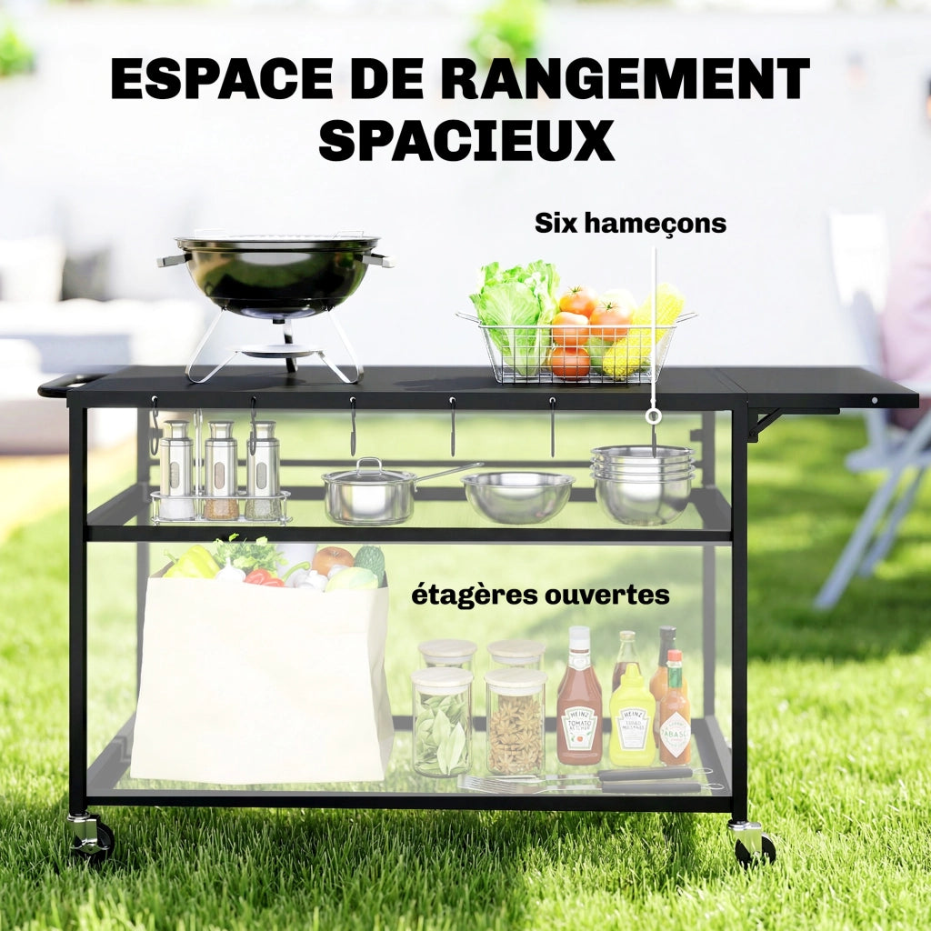 Carrello barbecue da giardino con ripiano laterale pieghevole ¨C zephmum ¨C nero, 133x48.5x82 cm
