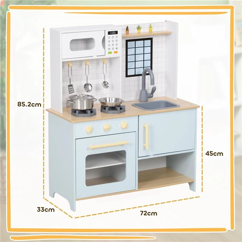 CUCINA GIOCATTOLO PER BAMBINI CON FORNELLI E ARMADIETTI, IN ACCIAIO, LEGNO E PP, 72X33X85.2 CM, BLU E BIANCO