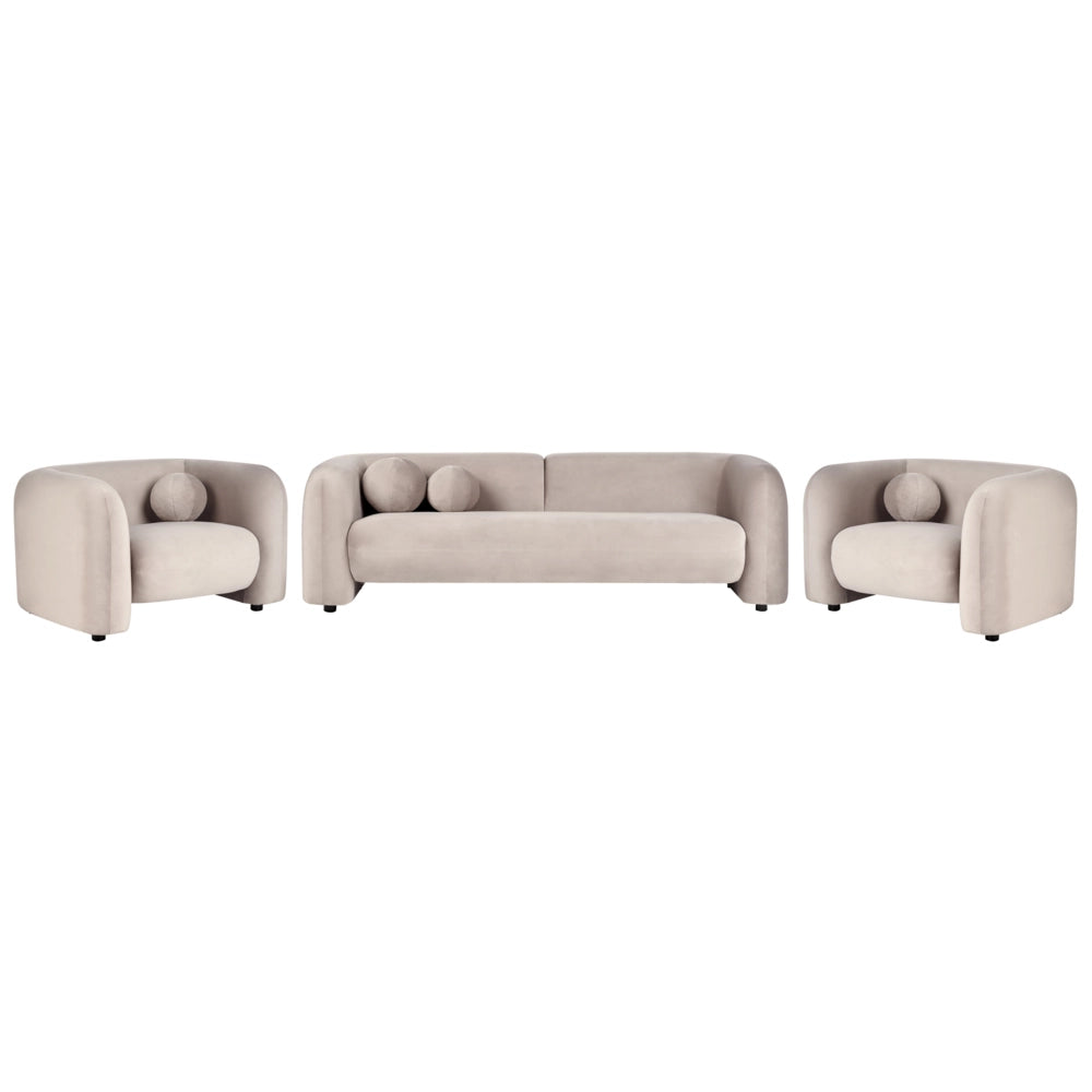 Set da salotto composto da divano a 5 posti e 2 poltrone in velluto tortora con cuscini aggiuntivi stile glamour retrò soggiorno