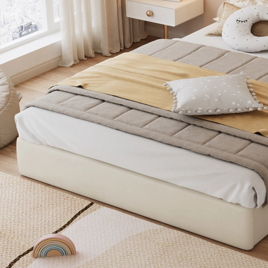 Letto matrimoniale imbottito beige in velluto con testiera floreale 140x200 cm