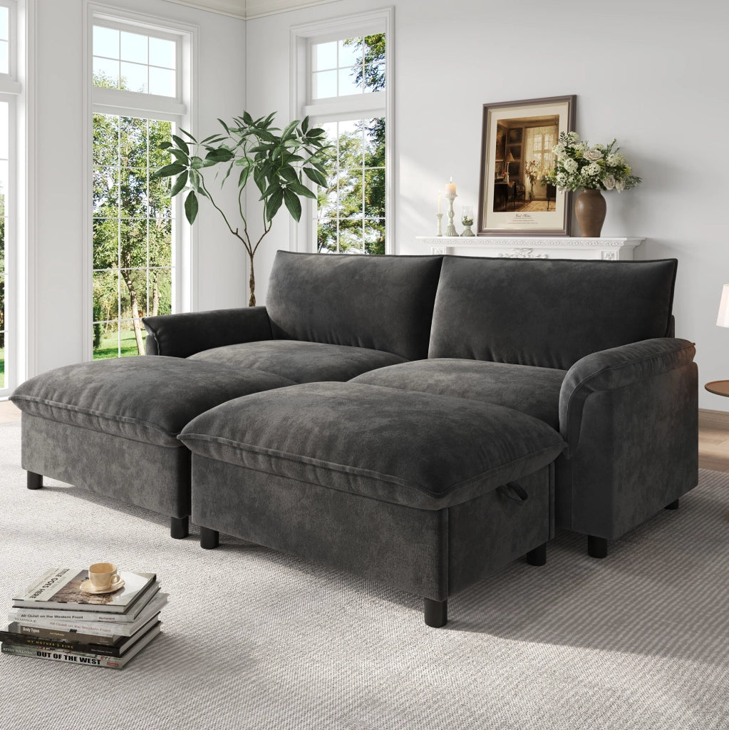 Divano in ciniglia grigio con pouf contenitore, 216 cm