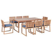 Set da pranzo da giardino rustico da 8 posti con tavolo e sedie in legno di acacia certificato e cuscini blu