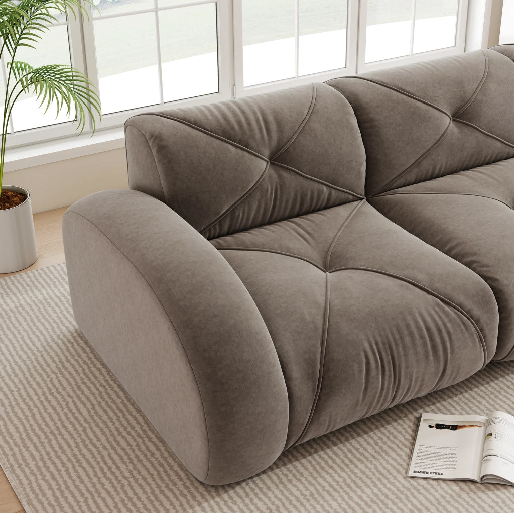 Divano modulare taupe in chenille con pouf; schiuma 32D ad alta densità