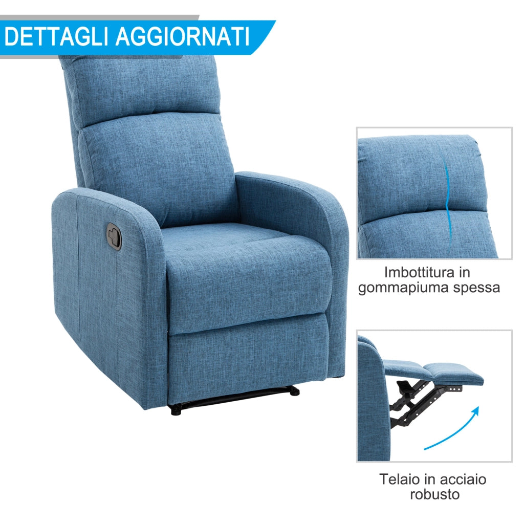 Poltrona Relax Reclinabile Manuale con Poggiapiedi Portata 125kg Tessuto di Lino 67 ¡Á 83 ¡Á 107cm Blu