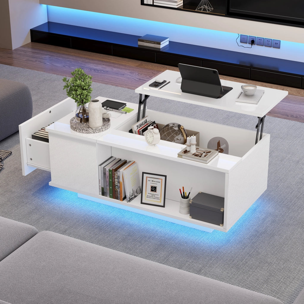 Tavolino da caff¨¨ 100x50x40 cm con piano sollevabile, vano nascosto, cassetto laterale e luce LED Bluetooth, bianco