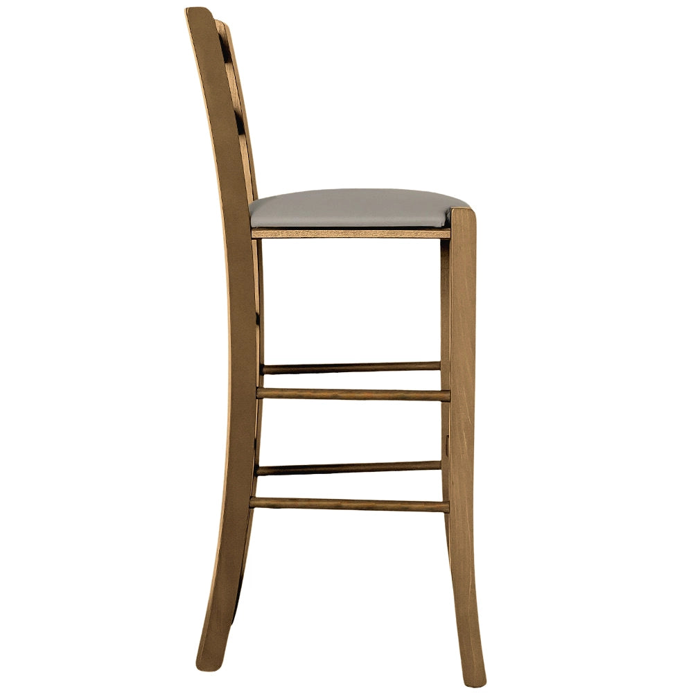 Sgabello in legno noce chiaro h 67 seduta imbottita in similpelle grigio tortora