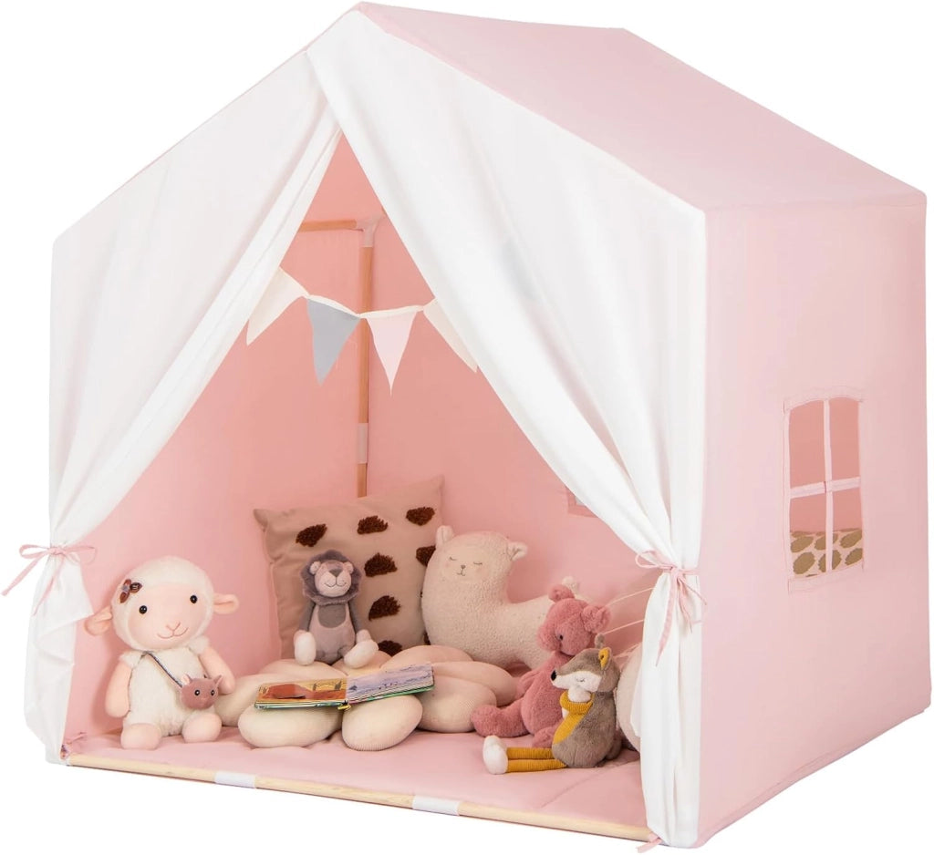 Tenda da Gioco per Bambini, Tenda per Bambini con Finestre Tappetino Lavabile in Cotone e Bandiera, Castello da Gioco per Bambini 3 Anni + (Rosa)