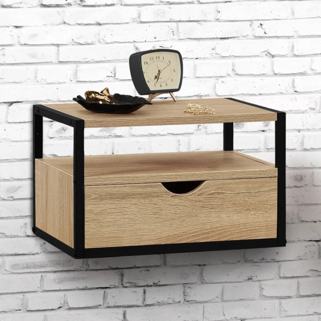 IDMarket - Set di 2 comodini da parete DETROIT con 1 cassetto + 1 ripiano sospeso in legno e metallo nero, in stile industriale