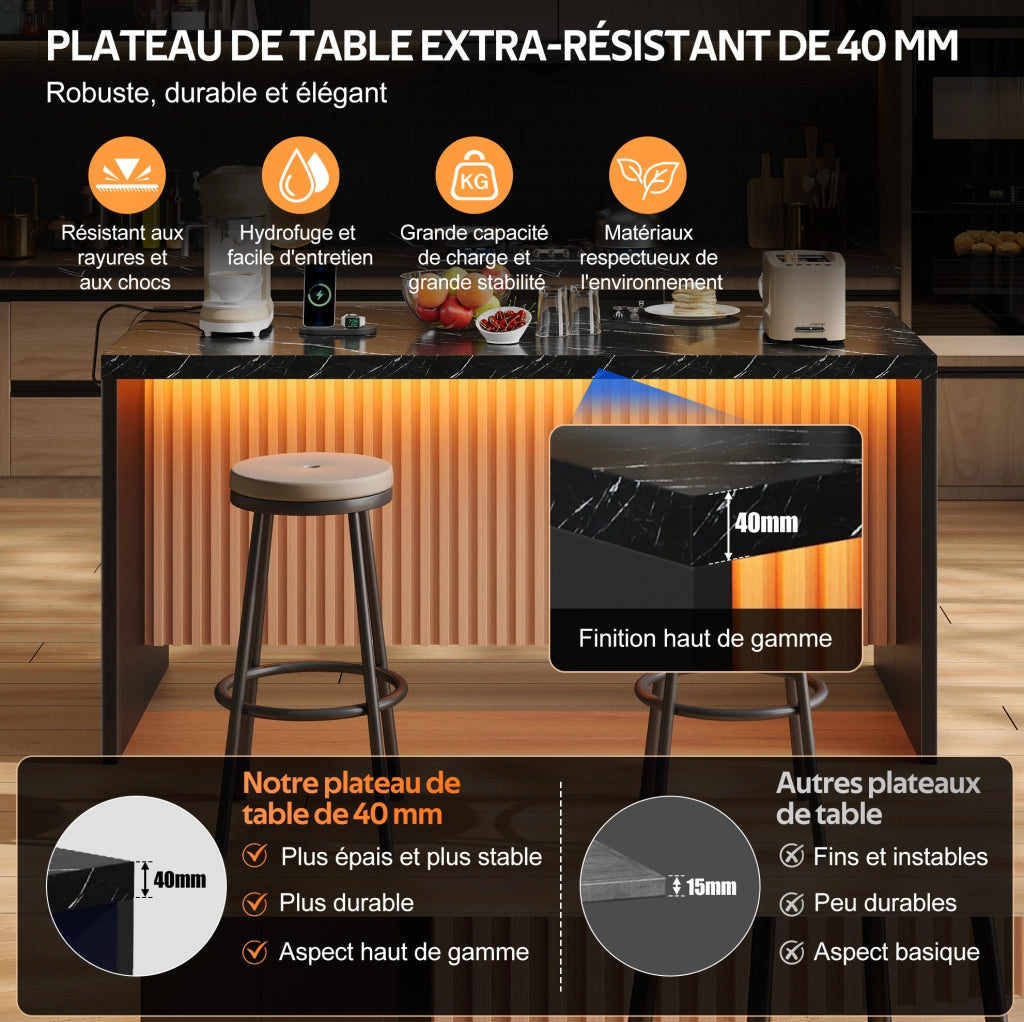 Isola cucina 155x80x90 cm effetto marmo nero con LED; prese elettriche e USB; in MDF