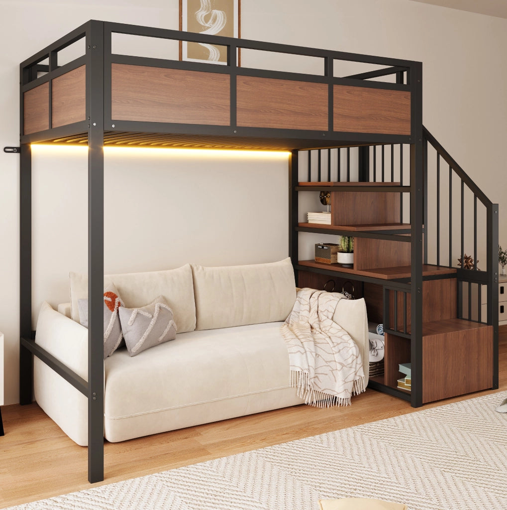 Letto a soppalco in metallo 90x200 cm con LED; scala contenitore e protezioni alte; nero