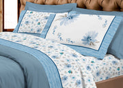 Completo Lenzuola Letto Flanella Calda 100% Cotone Disegno Fiori 8284 - Matrimoniale - Azzurro