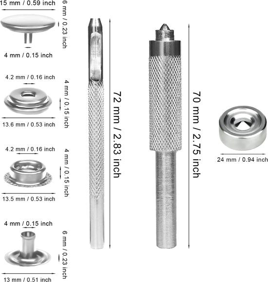 Set di Bottini Metallici con Base di Impugnatura per Pelli, per Abbigliamento non Saldabile, 15mm, per Pelli e Tessuti, con Finestra di Impugnatura, in Metallo, con Aspetto Lavorato, in Argento