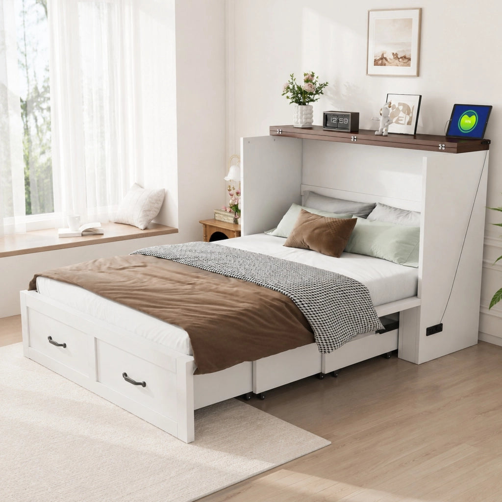 Letto a scomparsa pieghevole 140x200 cm in legno e metallo; bianco; con presa elettrica