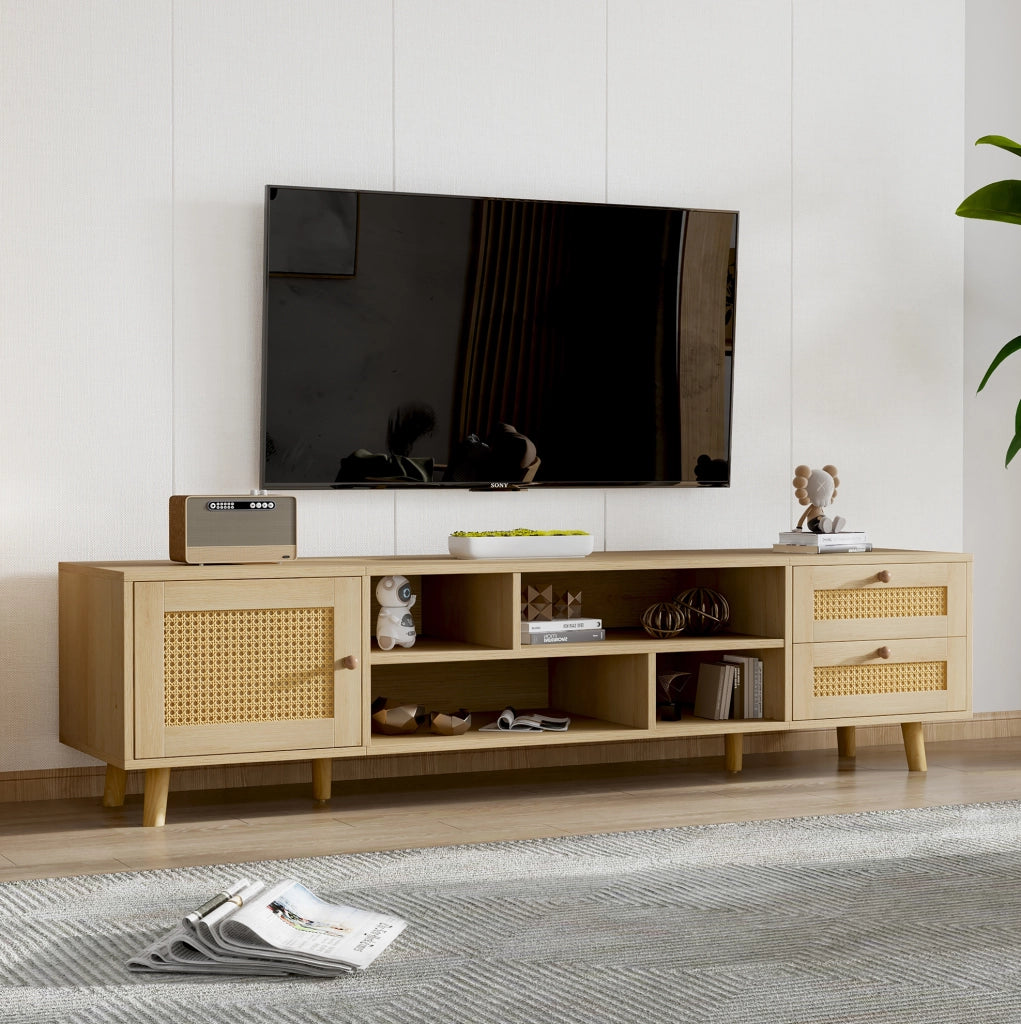 Mobile TV 160 cm effetto rovere con rattan, 2 cassetti e anta