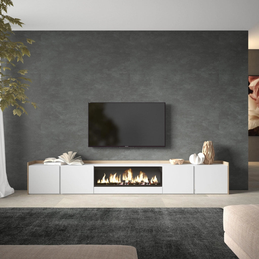 Mobile TV Soggiorno, 315x50x35 cm, Per TV fino a 80", Camino elettrico XXL, Bianco e Rovere soft