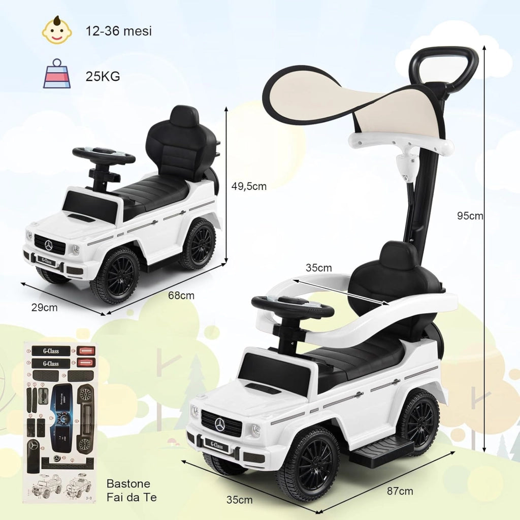 Auto a Spinta per Bambini, Macchina Cavalcabile a Spinta con Tettuccio Regolabile Maniglia per Genitori Paracolpi, Ideale per Bambini 12-36 Mesi (Bianco)