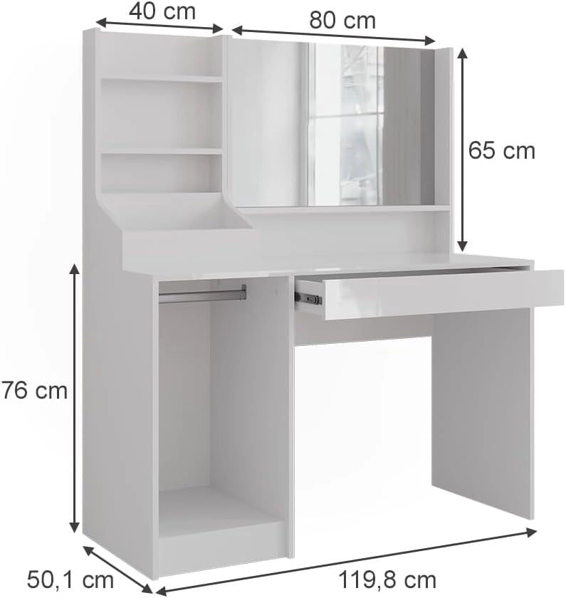 Tavolo da toeletta Sherry, Bianco/bianco lucido, 119.8 cm 3 parti, con specchio superiore per l'uso quotidiano e l'organizzazione