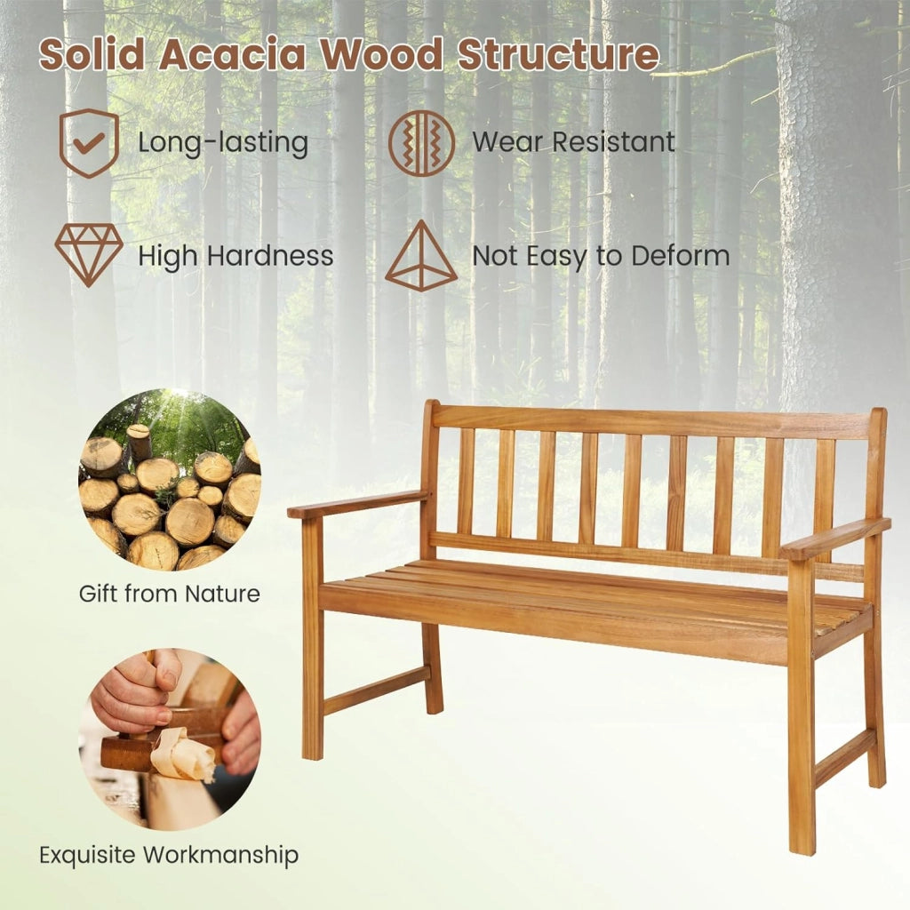 GIANTEX Panchina da giardino in legno di acacia a 2 posti, portata fino a 360 kg, ergonomica, con schienali e braccioli, 122 x 56,5 x 86 cm, colore legno naturale